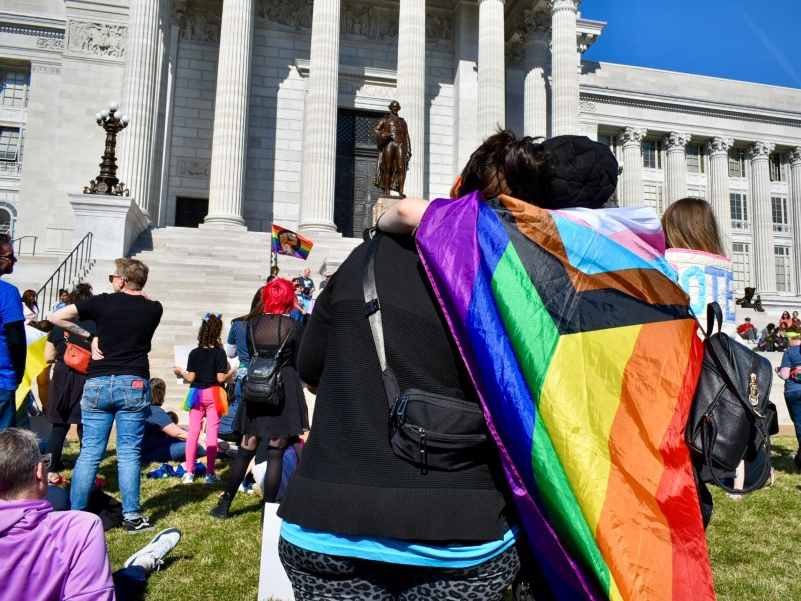 Hundreds gathered outside the Missouri Capitol in March to protest anti-LGBTQ+ legislation.