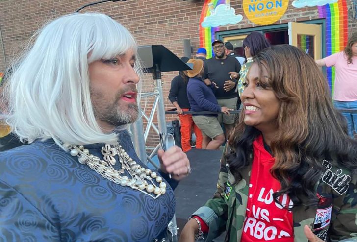 Chris Andoe speaking with Mayor Tishaura Jones at the solidarity march that Prism and Out in STL organized in March. | COURTESY PHOTO